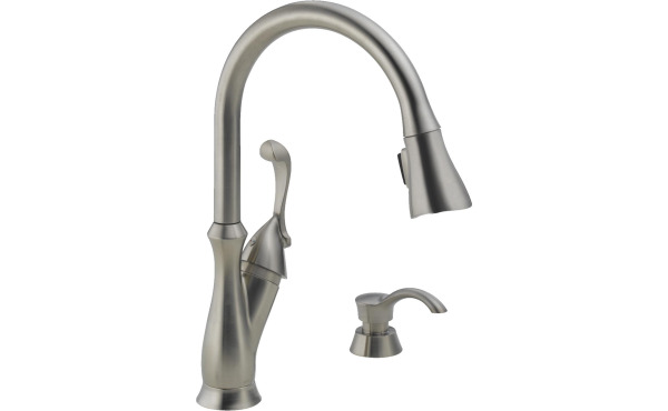 Delta Arabella Single Handle Lever Pull-Down Kitchen Faucet with Soap Dispenser, Brushed Nickel Delta Arabella Single Handle Lever Pull-Down Kitchen Faucet with Soap Dispenser, Brushed Nickel