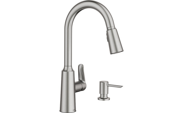 Moen Edwyn Single Handle Lever Pull-Down Kitchen Faucet with Soap Dispenser, Stainless Moen Edwyn Single Handle Lever Pull-Down Kitchen Faucet with Soap Dispenser, Stainless