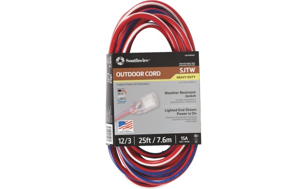 Southwire 25 Ft. 12/3 Indoor/Outdoor Red, White, & Blue Striped Patriotic Extension Cord Southwire 25 Ft. 12/3 Indoor/Outdoor Red, White, & Blue Striped Patriotic Extension Cord