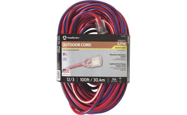 Southwire 100 Ft. 12/3 Indoor/Outdoor Red, White, & Blue Striped Patriotic Extension Cord Southwire 100 Ft. 12/3 Indoor/Outdoor Red, White, & Blue Striped Patriotic Extension Cord