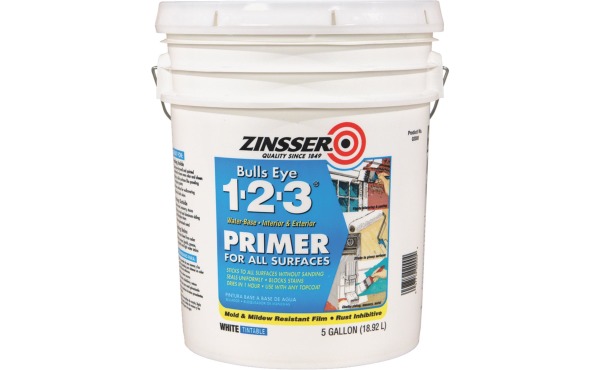 Zinsser Bulls Eye 1-2-3 Water-Base Interior\/Exterior Stain Blocking Primer, White, 5 Gal. Zinsser Bulls Eye 1-2-3 Water-Base Interior\/Exterior Stain Blocking Primer, White, 5 Gal.