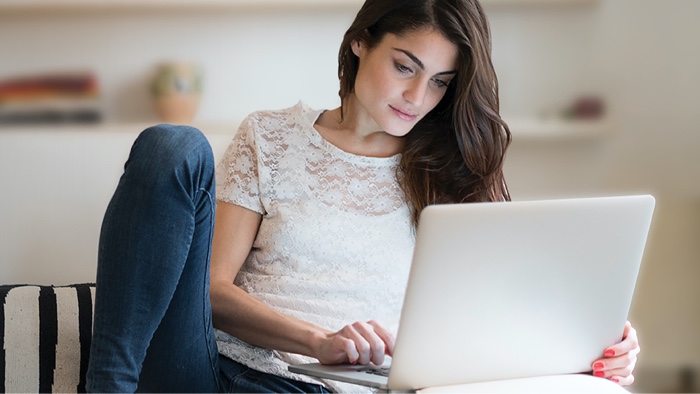 Help yourself to the color you want. Woman on computer